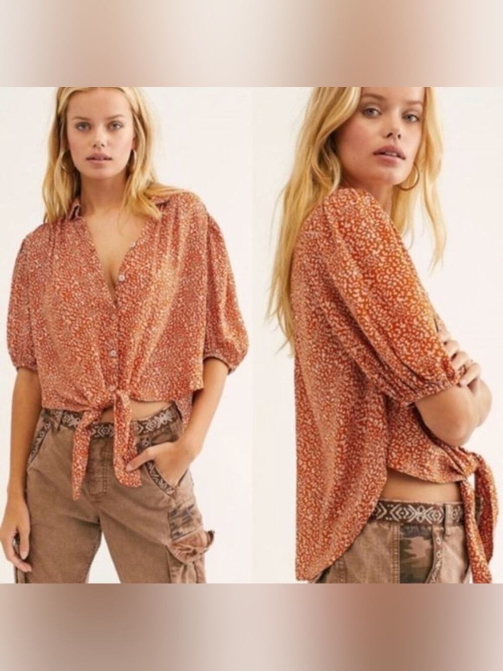 Free People Womens Small Orange Celia Button-Up Top With Front